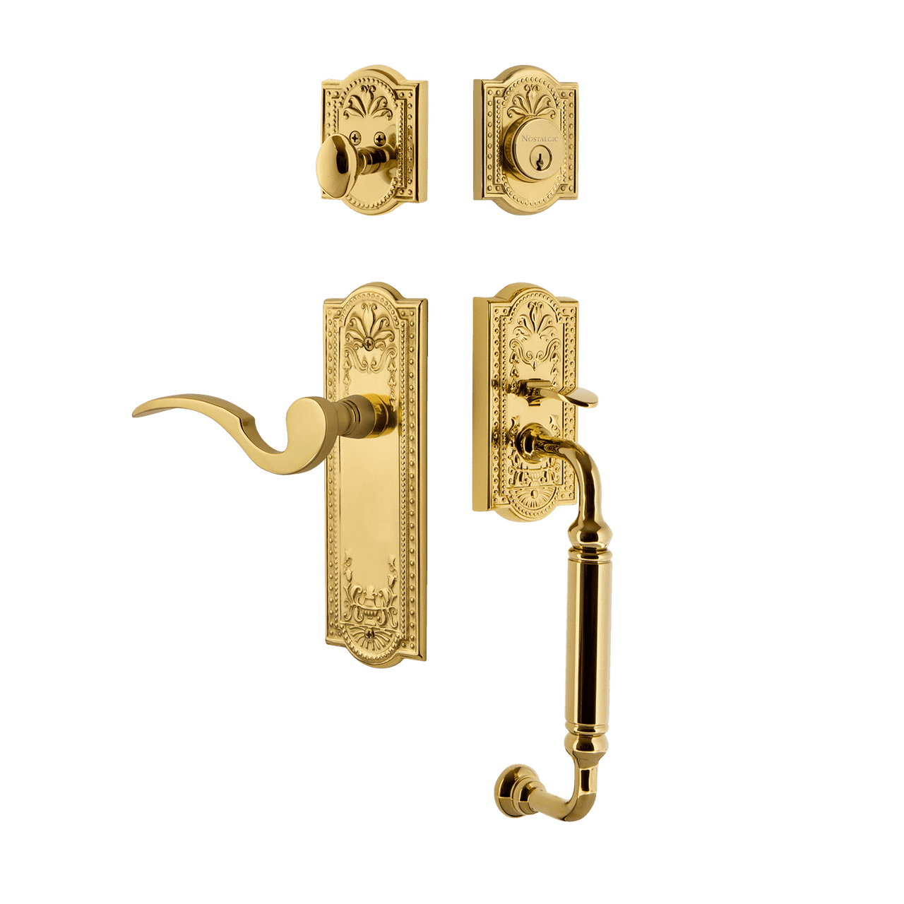 Nostalgic 767488: Entry Lockset w/Meadows Backplate, C-Grip Exterior Handle and Manor Interior Lever - Polished Brass
