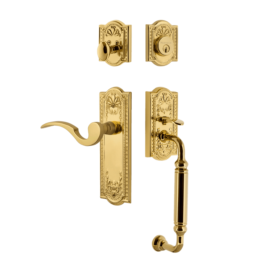 Nostalgic 767488: Entry Lockset w/Meadows Backplate, C-Grip Exterior Handle and Manor Interior Lever - Polished Brass