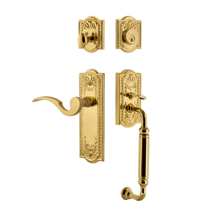Nostalgic 770500: Entry Lockset w/Meadows Backplate, C-Grip Exterior Handle and Manor Interior Lever - Polished Brass