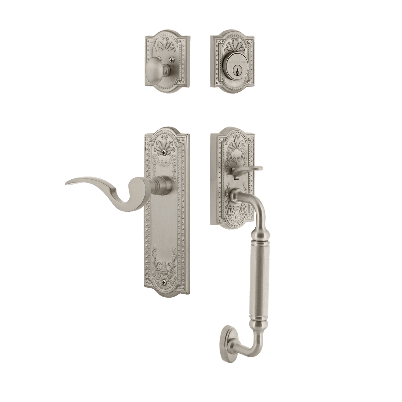 Nostalgic 770496: Entry Lockset w/Meadows Backplate, C-Grip Exterior Handle and Manor Interior Lever - Satin Nickel
