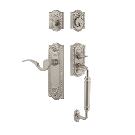 Nostalgic 770496: Entry Lockset w/Meadows Backplate, C-Grip Exterior Handle and Manor Interior Lever - Satin Nickel