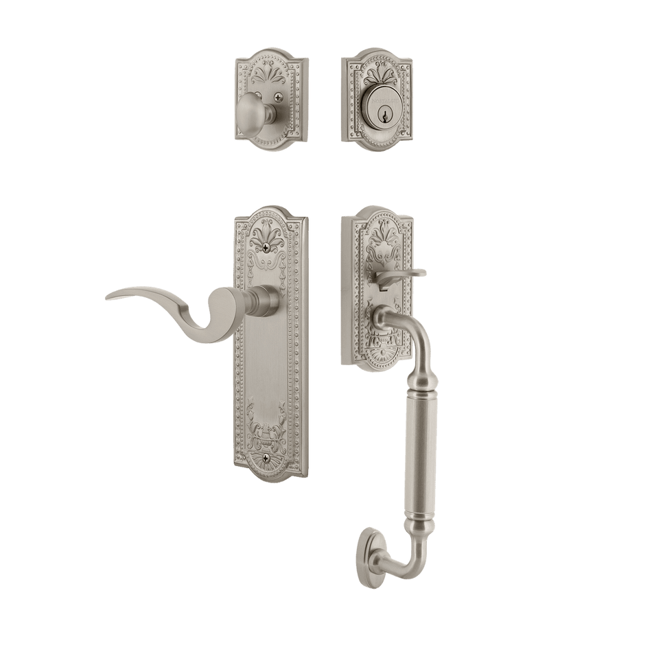 Nostalgic 770496: Entry Lockset w/Meadows Backplate, C-Grip Exterior Handle and Manor Interior Lever - Satin Nickel