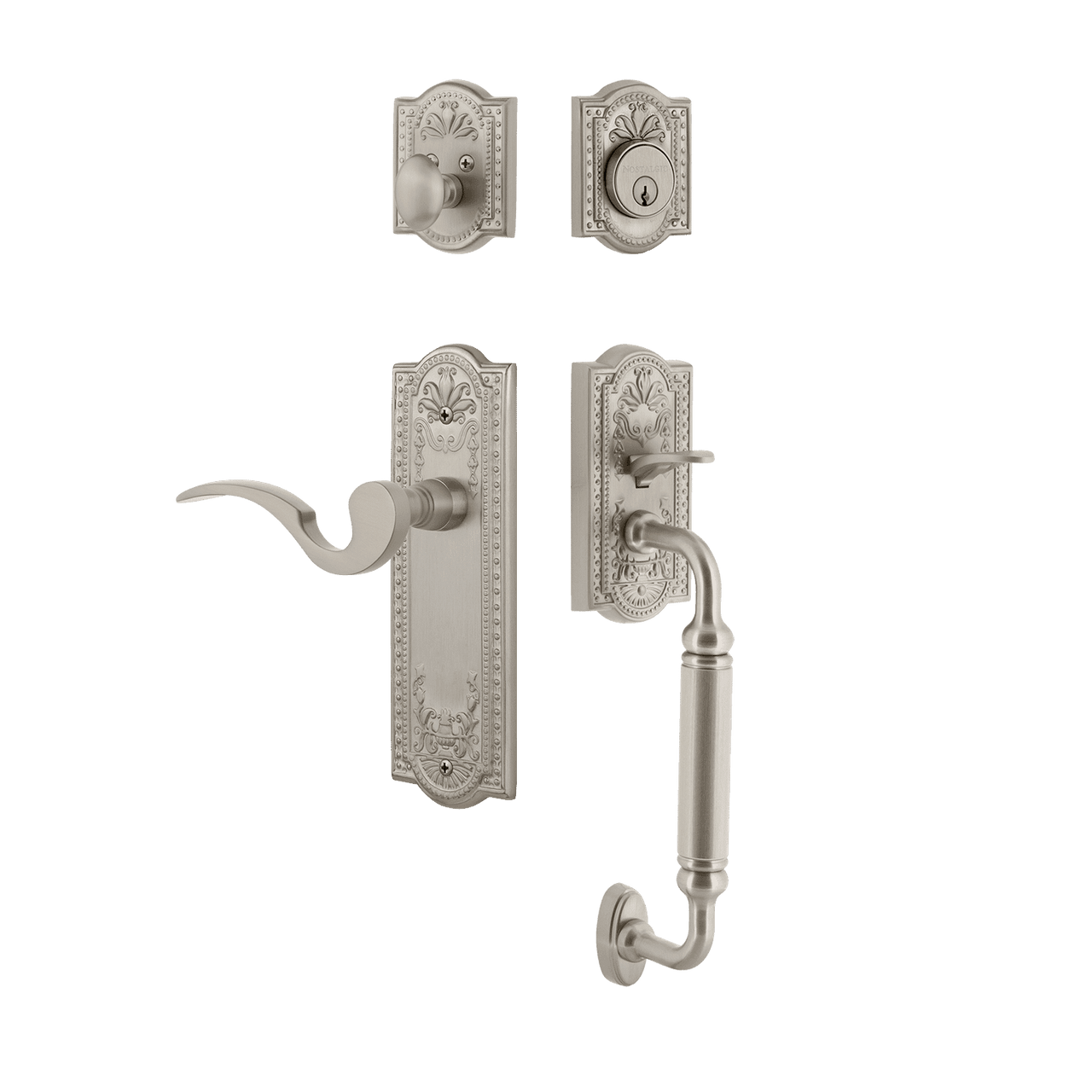 Nostalgic 767485: Entry Lockset w/Meadows Backplate, C-Grip Exterior Handle and Manor Interior Lever - Satin Nickel