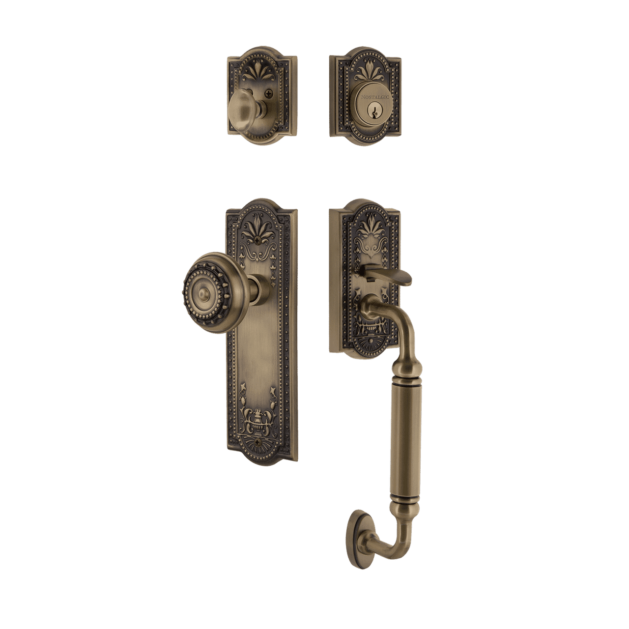 Nostalgic 727680: Entry Lockset w/Meadows Backplate, C-Grip Exterior Handle and Meadows Knob - Antique Brass