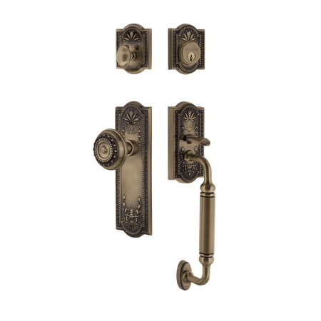 Nostalgic 727680: Entry Lockset w/Meadows Backplate, C-Grip Exterior Handle and Meadows Knob - Antique Brass