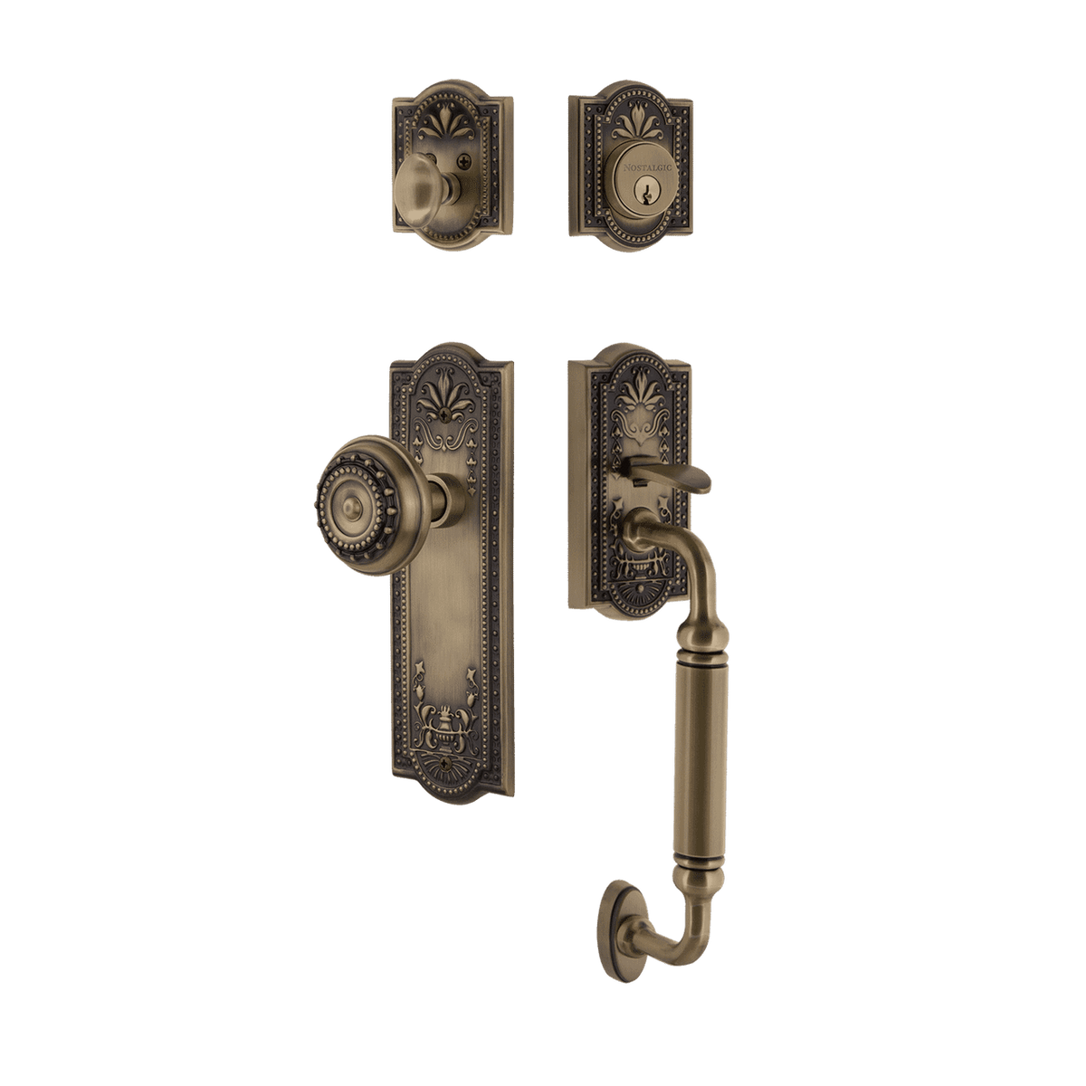 Nostalgic 719431: Entry Lockset w/Meadows Backplate, C-Grip Exterior Handle and Meadows Knob - Antique Brass