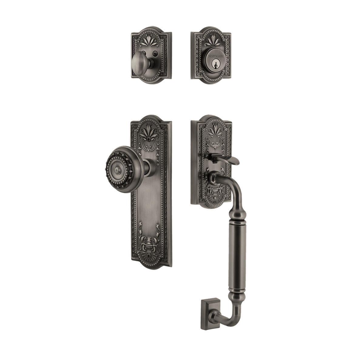 Nostalgic 733331: Entry Lockset w/Meadows Backplate, C-Grip Exterior Handle and Meadows Knob - Antique Pewter