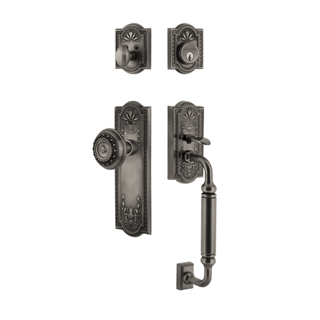 Nostalgic 733331: Entry Lockset w/Meadows Backplate, C-Grip Exterior Handle and Meadows Knob - Antique Pewter