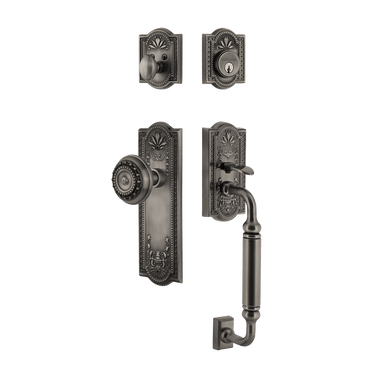 Nostalgic 733331: Entry Lockset w/Meadows Backplate, C-Grip Exterior Handle and Meadows Knob - Antique Pewter