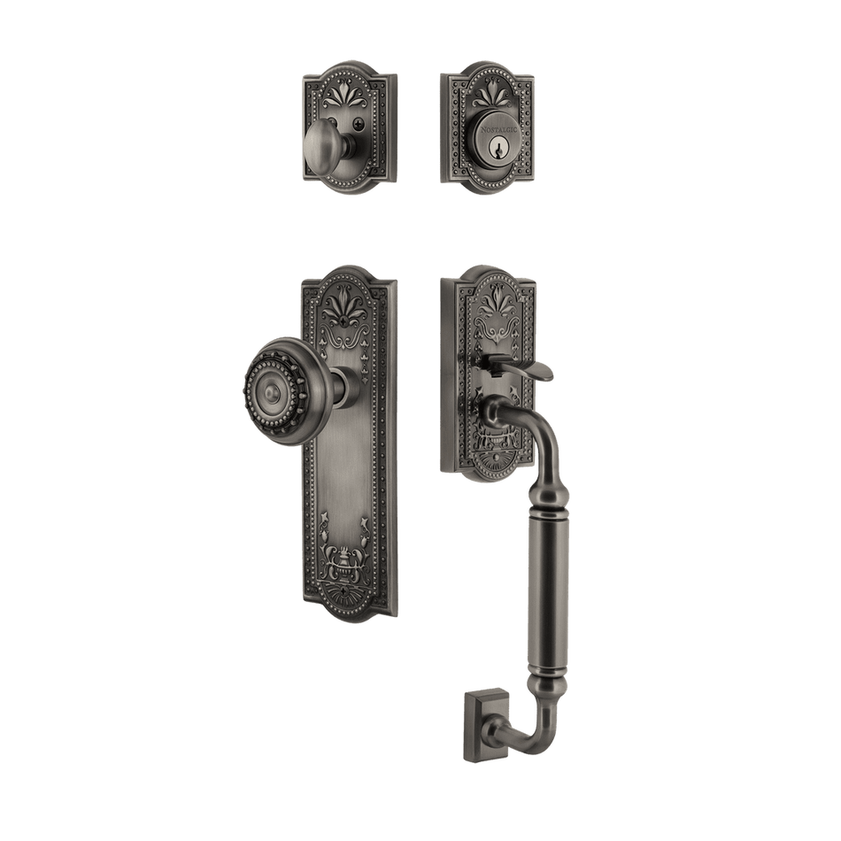 Nostalgic 727747: Entry Lockset w/Meadows Backplate, C-Grip Exterior Handle and Meadows Knob - Antique Pewter