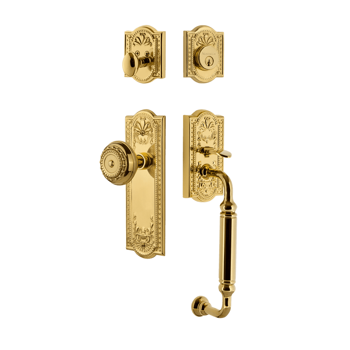 Nostalgic 727739: Entry Lockset w/Meadows Backplate, C-Grip Exterior Handle and Meadows Knob - Polished Brass
