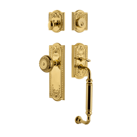 Nostalgic 727739: Entry Lockset w/Meadows Backplate, C-Grip Exterior Handle and Meadows Knob - Polished Brass