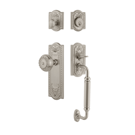 Nostalgic 733333: Entry Lockset w/Meadows Backplate, C-Grip Exterior Handle and Meadows Knob - Satin Nickel