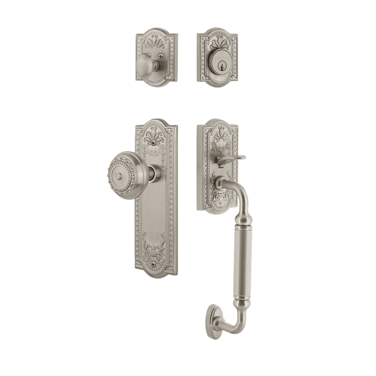 Nostalgic 727744: Entry Lockset w/Meadows Backplate, C-Grip Exterior Handle and Meadows Knob - Satin Nickel