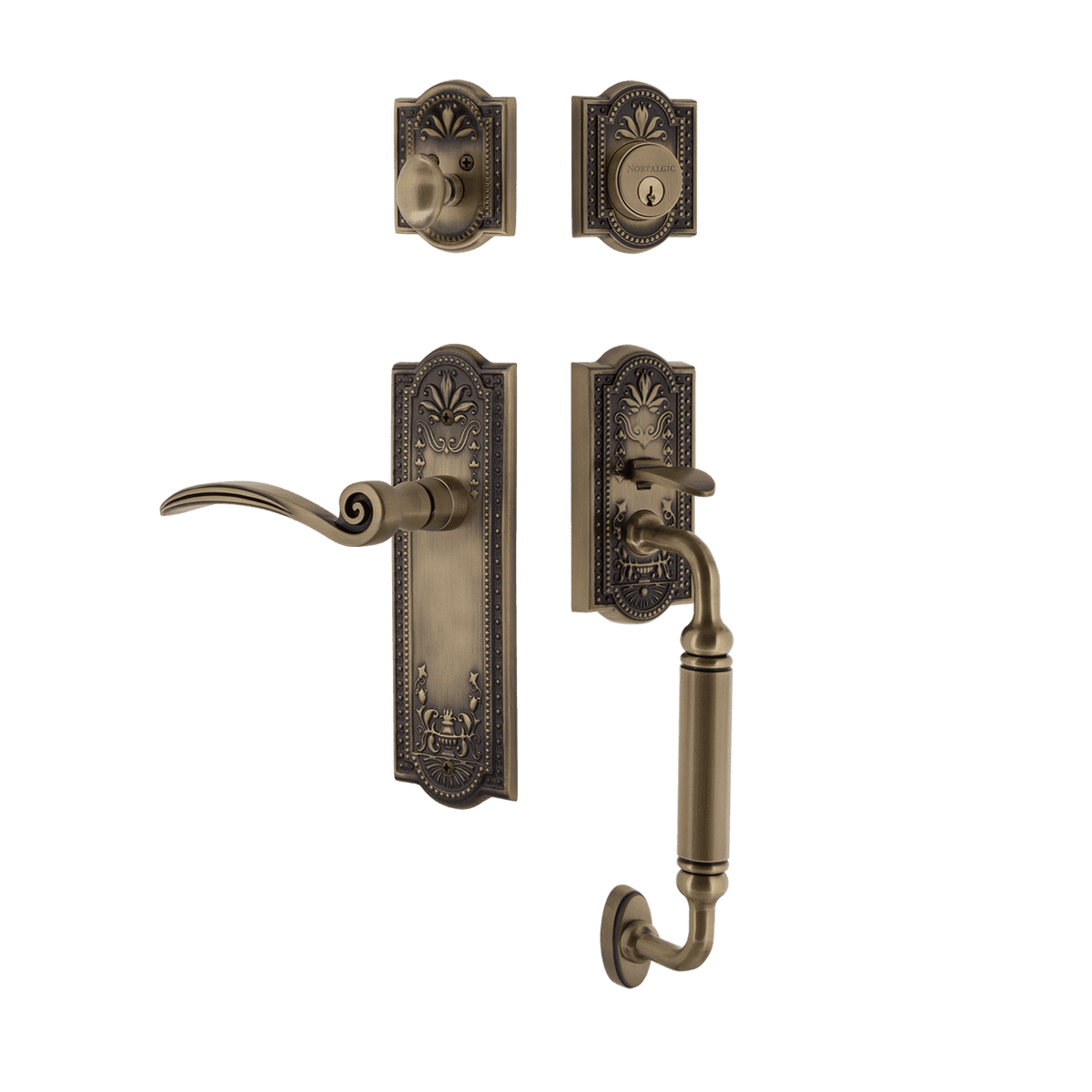 Nostalgic 768189: Entry Lockset w/Meadows Backplate, C-Grip Exterior Handle and Swan Interior Lever - Antique Brass