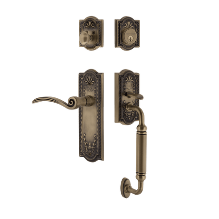 Nostalgic 768189: Entry Lockset w/Meadows Backplate, C-Grip Exterior Handle and Swan Interior Lever - Antique Brass