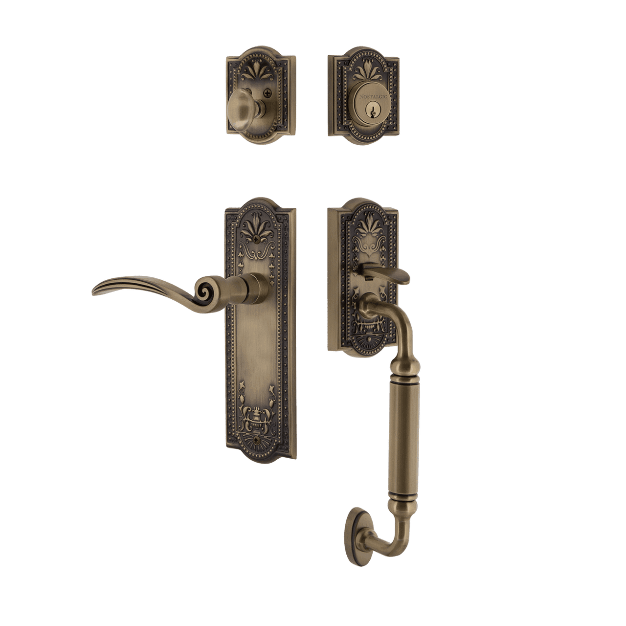 Nostalgic 770512: Entry Lockset w/Meadows Backplate, C-Grip Exterior Handle and Swan Interior Lever - Antique Brass