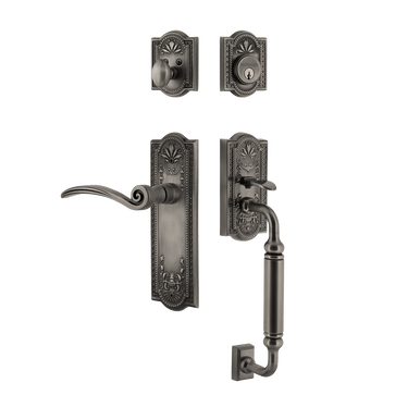 Nostalgic 768178: Entry Lockset w/Meadows Backplate, C-Grip Exterior Handle and Swan Interior Lever - Antique Pewter