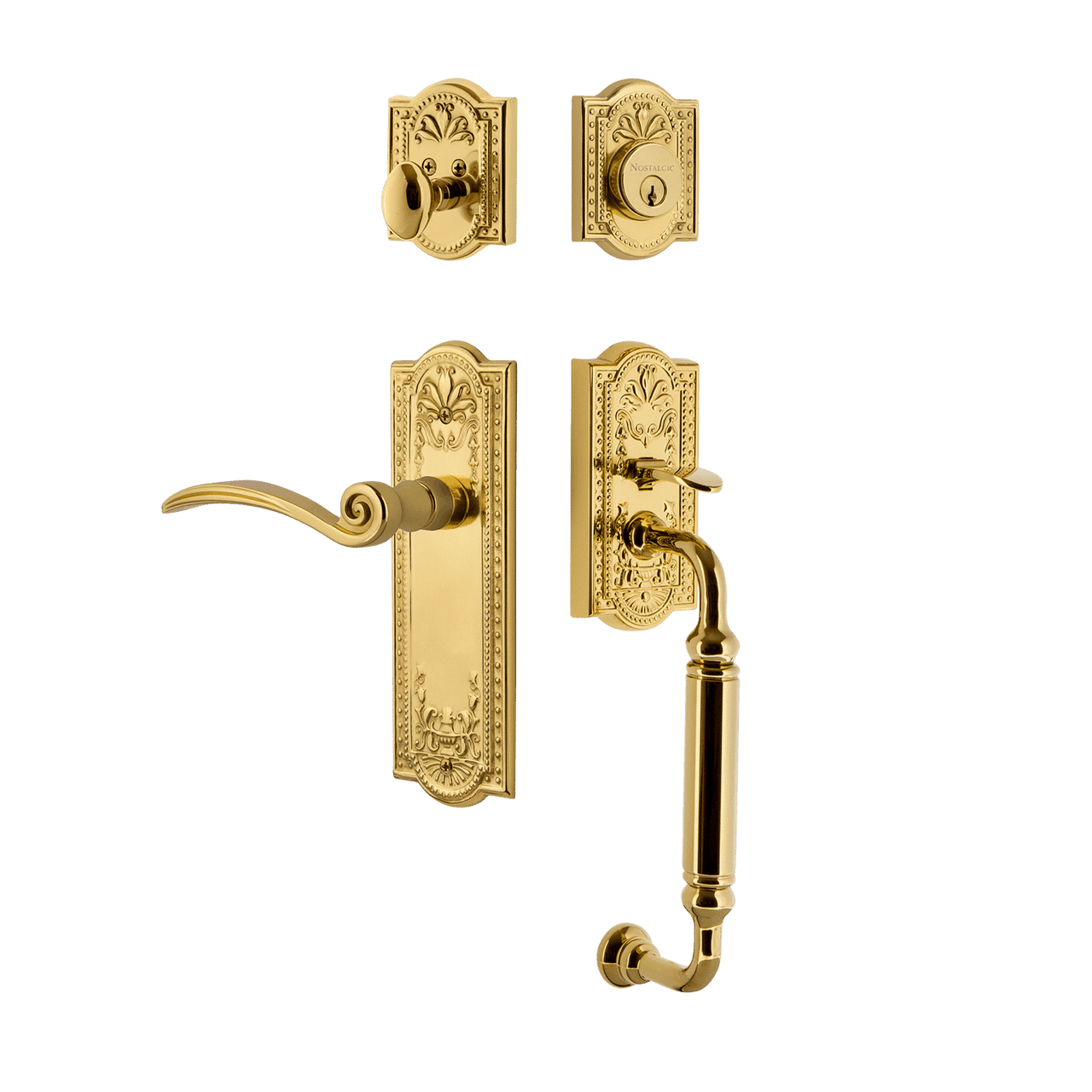 Nostalgic 768180: Entry Lockset w/Meadows Backplate, C-Grip Exterior Handle and Swan Interior Lever - Polished Brass