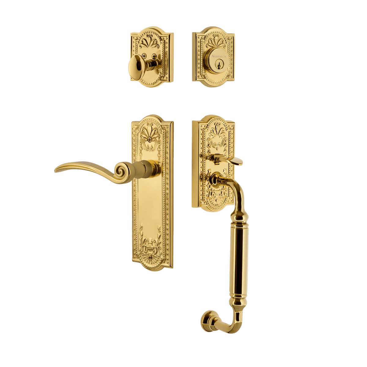 Nostalgic 770507: Entry Lockset w/Meadows Backplate, C-Grip Exterior Handle and Swan Interior Lever - Polished Brass