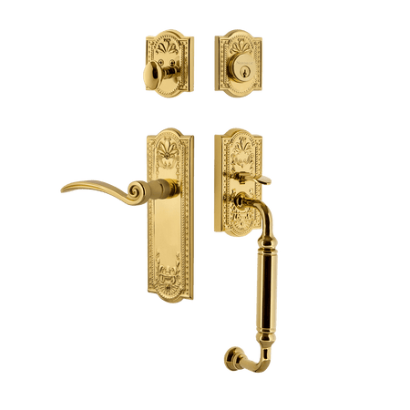 Nostalgic 770507: Entry Lockset w/Meadows Backplate, C-Grip Exterior Handle and Swan Interior Lever - Polished Brass