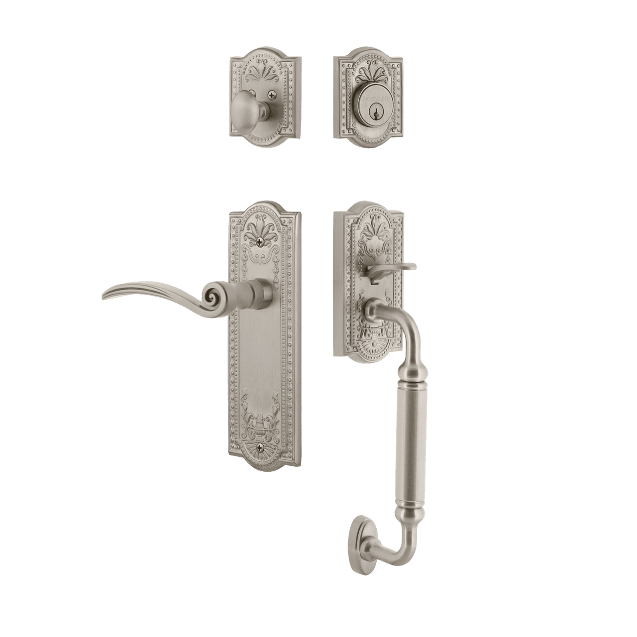 Nostalgic 770508: Entry Lockset w/Meadows Backplate, C-Grip Exterior Handle and Swan Interior Lever - Satin Nickel