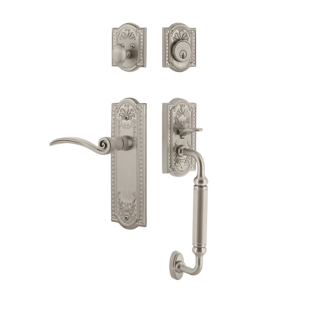 Nostalgic 768182: Entry Lockset w/Meadows Backplate, C-Grip Exterior Handle and Swan Interior Lever - Satin Nickel