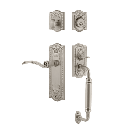 Nostalgic 768182: Entry Lockset w/Meadows Backplate, C-Grip Exterior Handle and Swan Interior Lever - Satin Nickel
