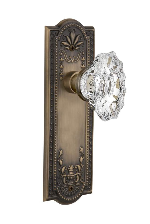 Nostalgic 713634: Meadows Backplate w/Chateau Knob Passage Door Set - Antique Brass