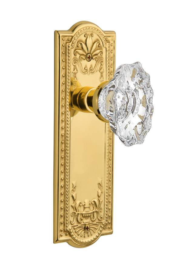 Nostalgic 713936: Meadows Backplate w/Chateau Knob Privacy Door Set - Unlacquered Brass
