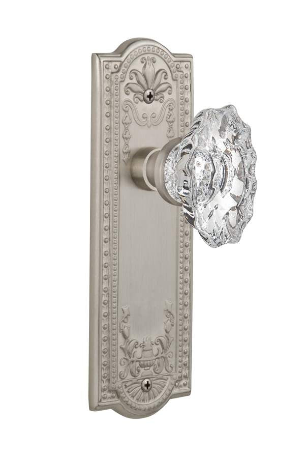 Nostalgic 713935: Meadows Backplate w/Chateau Knob Privacy Door Set - Satin Nickel
