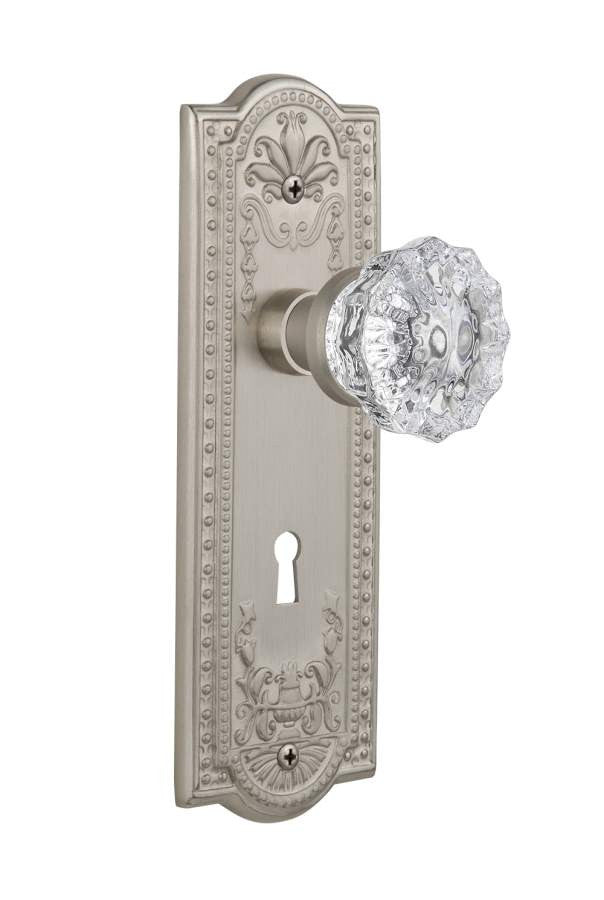 Nostalgic 701827: Meadows Backplate w/Clear Crystal Glass Knob Privacy Door Set - Satin Nickel