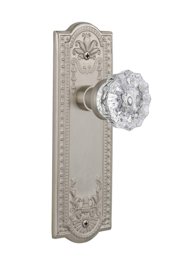 Nostalgic 701839: Meadows Backplate w/Clear Crystal Glass Knob Privacy Door Set - Satin Nickel