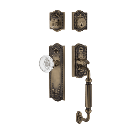 Nostalgic 755793: Entry Lockset w/Meadows Backplate, F-Grip Exterior Handle and Meadows Knob - Antique Brass