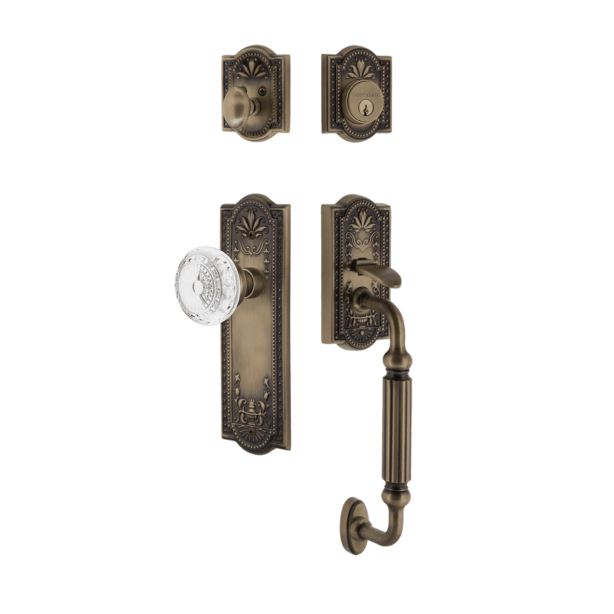 Nostalgic 755792: Entry Lockset w/Meadows Backplate, F-Grip Exterior Handle and Meadows Knob - Antique Brass
