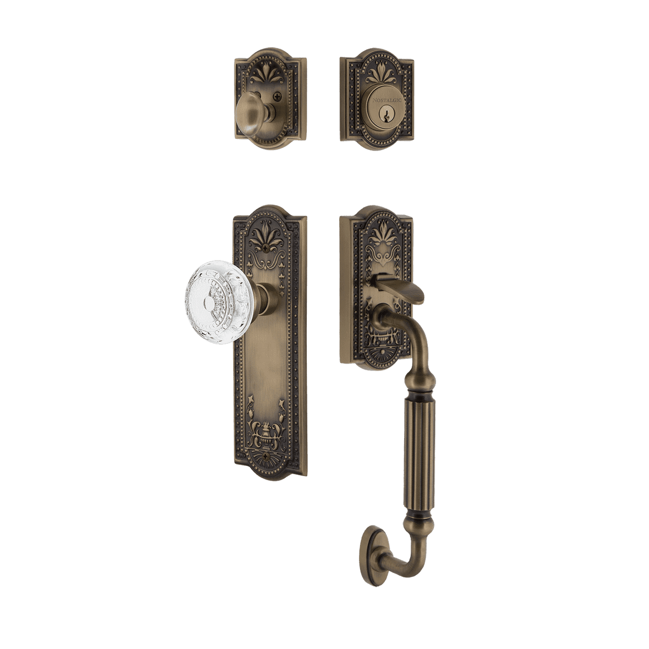 Nostalgic 755792: Entry Lockset w/Meadows Backplate, F-Grip Exterior Handle and Meadows Knob - Antique Brass