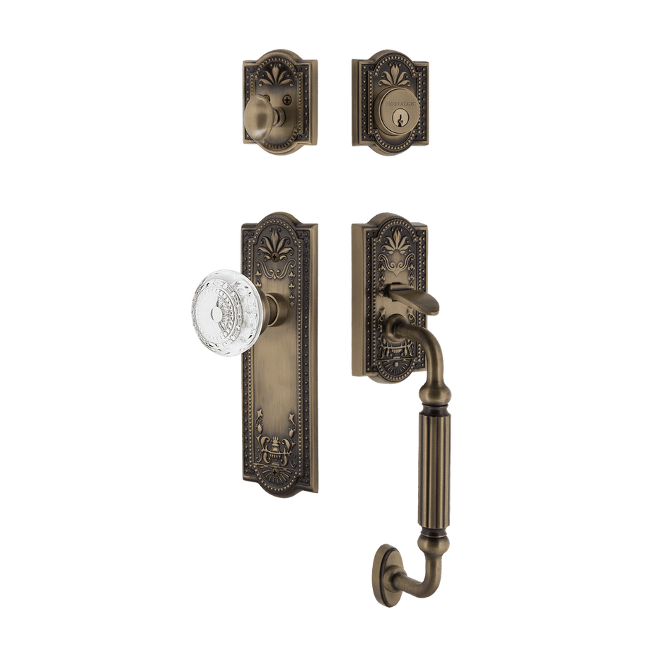 Nostalgic 755792: Entry Lockset w/Meadows Backplate, F-Grip Exterior Handle and Meadows Knob - Antique Brass