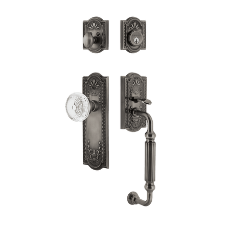 Nostalgic 755805: Entry Lockset w/Meadows Backplate, F-Grip Exterior Handle and Meadows Knob - Antique Pewter