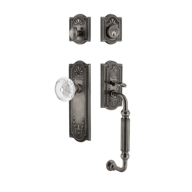 Nostalgic 755805: Entry Lockset w/Meadows Backplate, F-Grip Exterior Handle and Meadows Knob - Antique Pewter