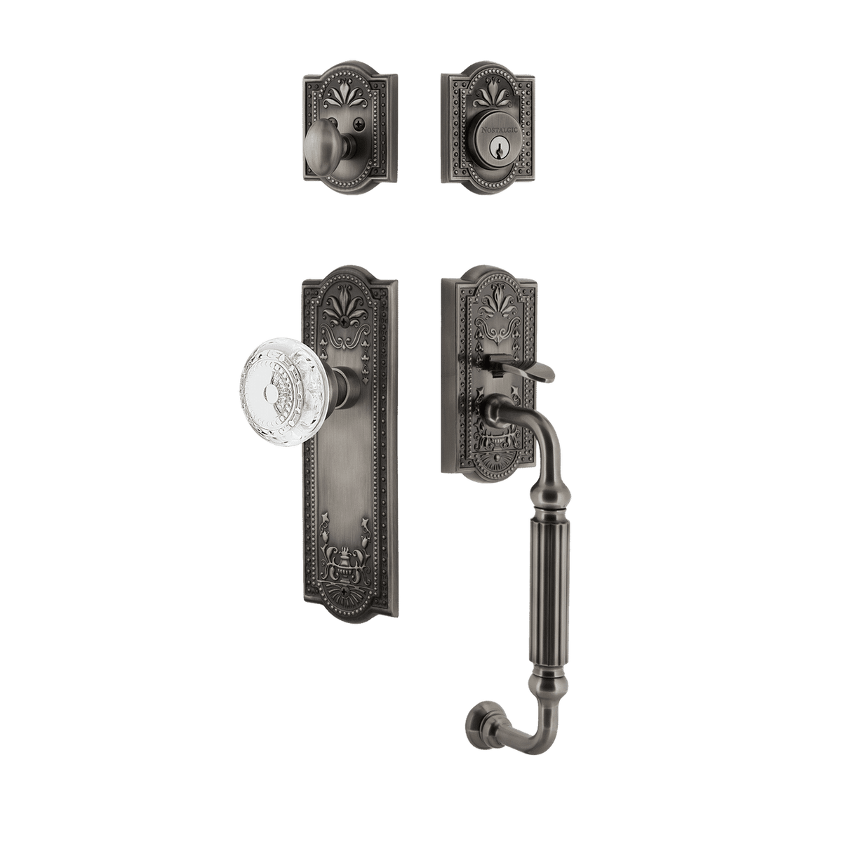 Nostalgic 755804: Entry Lockset w/Meadows Backplate, F-Grip Exterior Handle and Meadows Knob - Antique Pewter
