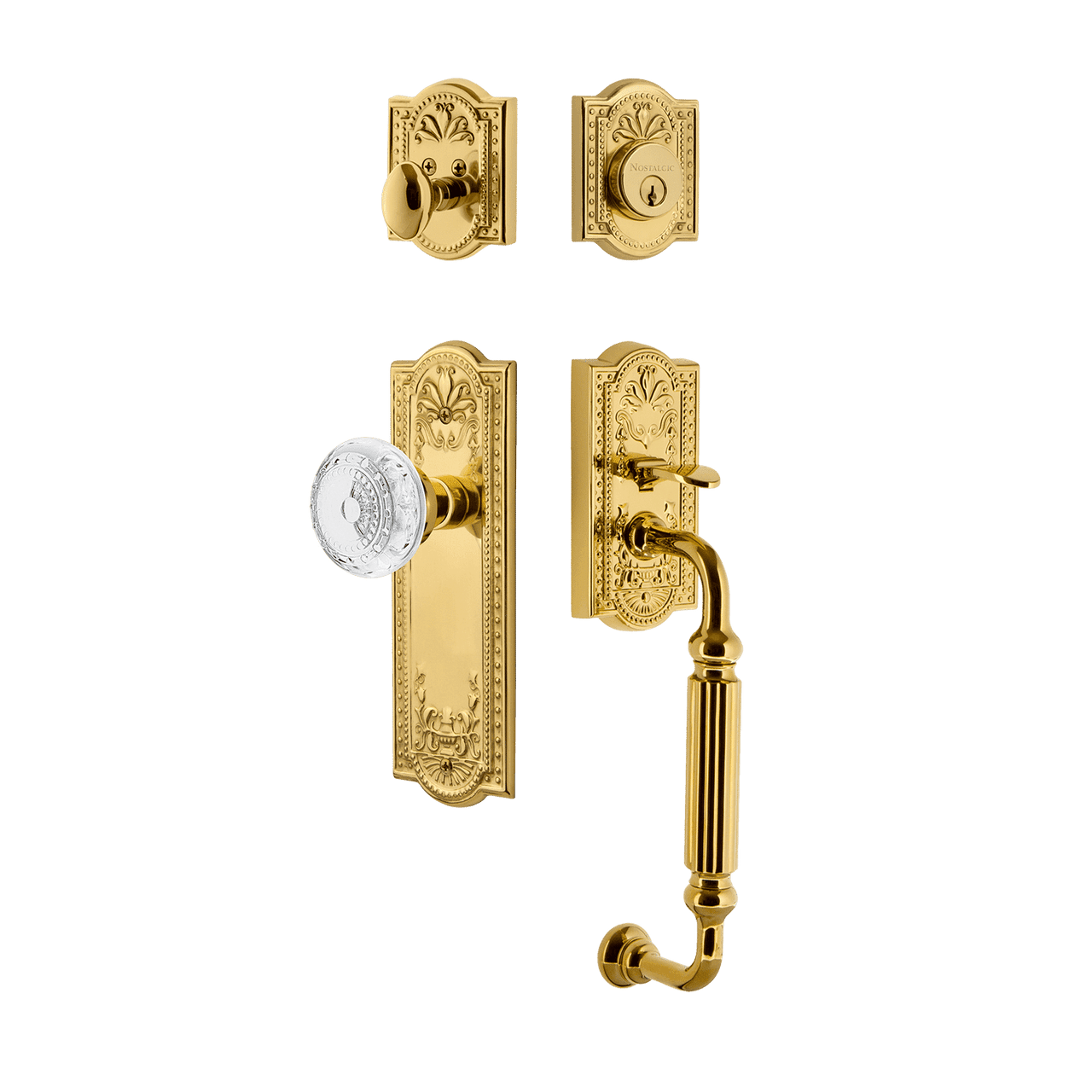 Nostalgic 755816: Entry Lockset w/Meadows Backplate, F-Grip Exterior Handle and Meadows Knob - Polished Brass