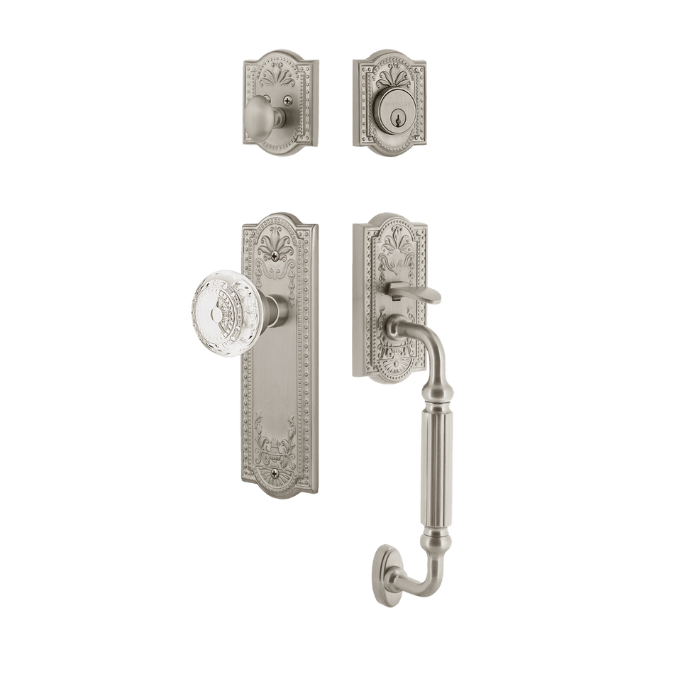 Nostalgic 755829: Entry Lockset w/Meadows Backplate, F-Grip Exterior Handle and Meadows Knob - Satin Nickel