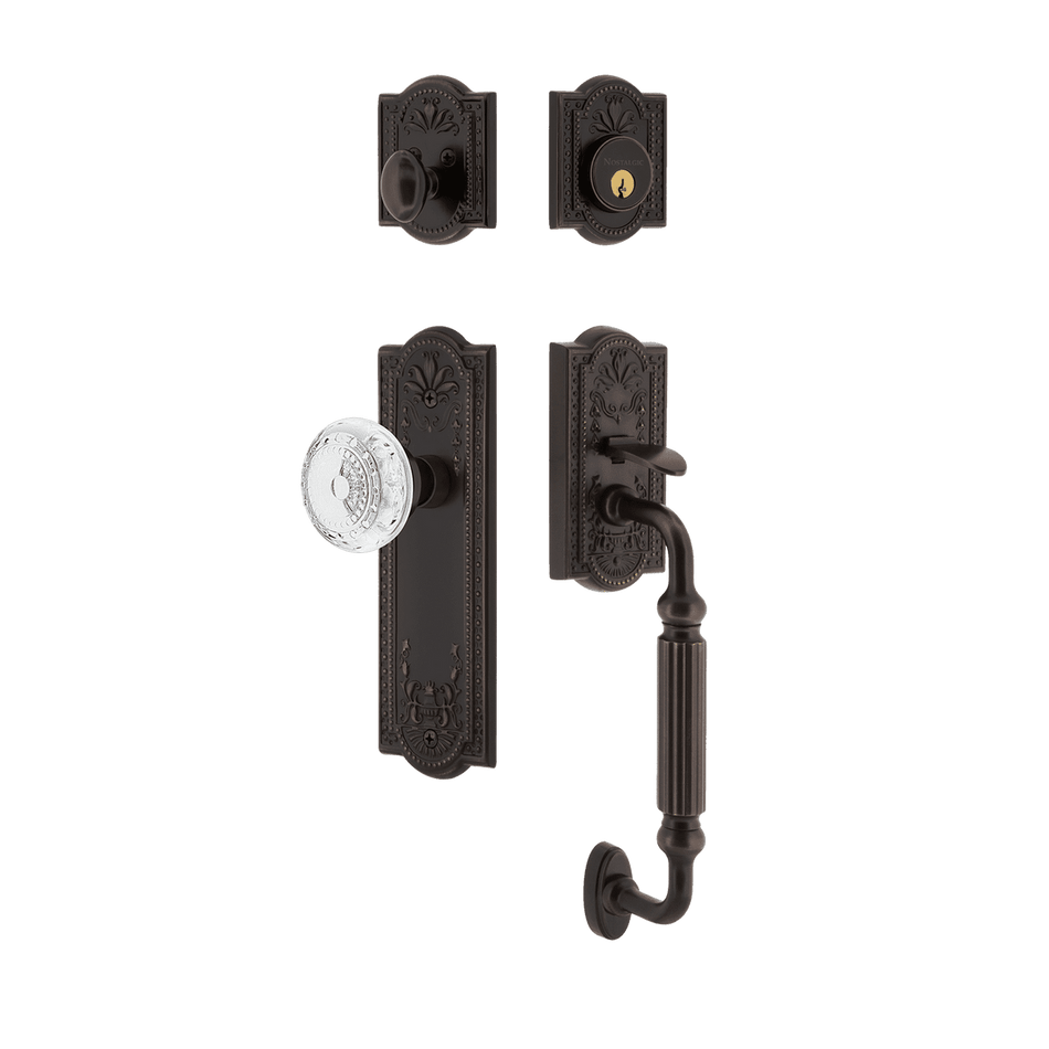 Nostalgic 755841: Entry Lockset w/Meadows Backplate, F-Grip Exterior Handle and Meadows Knob - Timeless Bronze