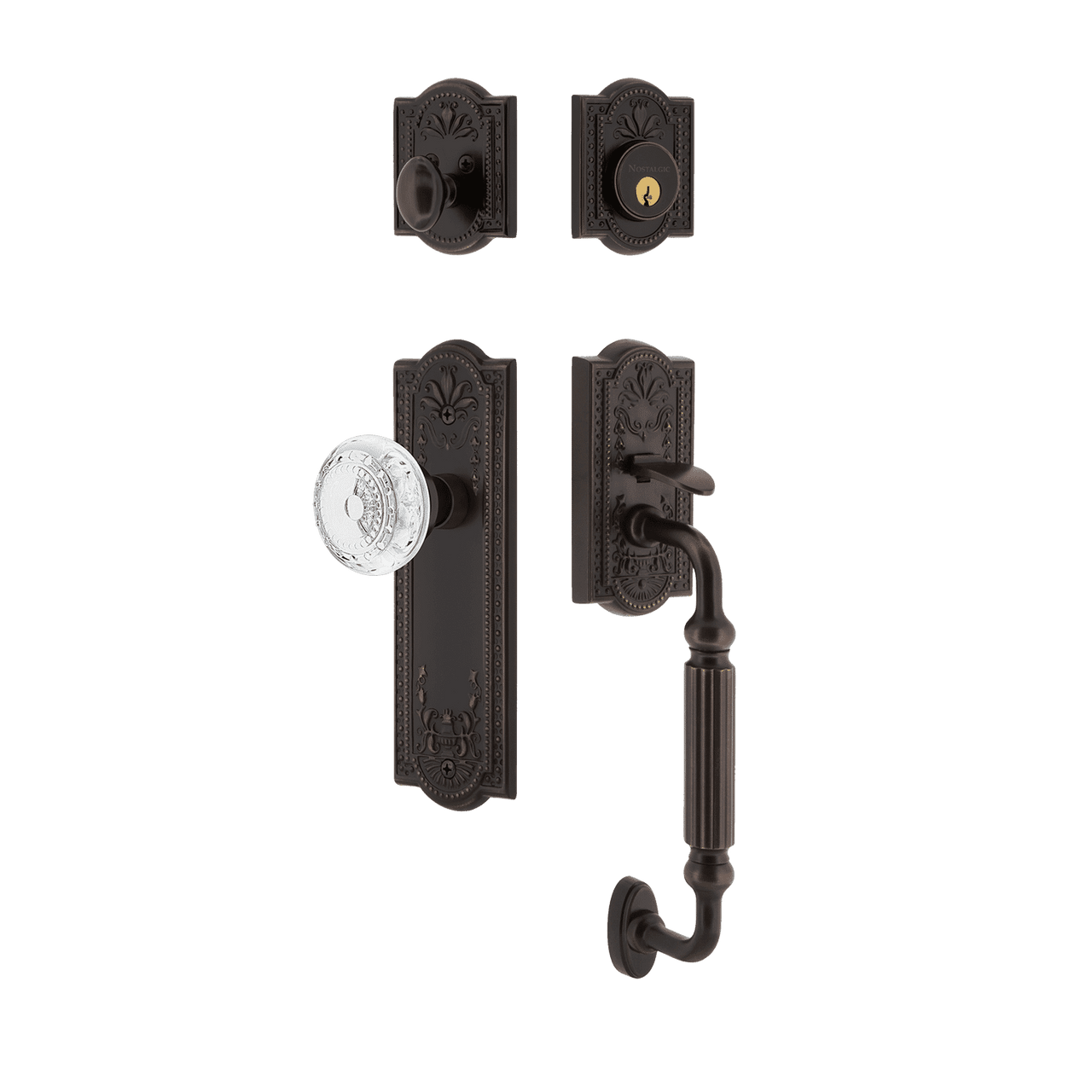 Nostalgic 755840: Entry Lockset w/Meadows Backplate, F-Grip Exterior Handle and Meadows Knob - Timeless Bronze