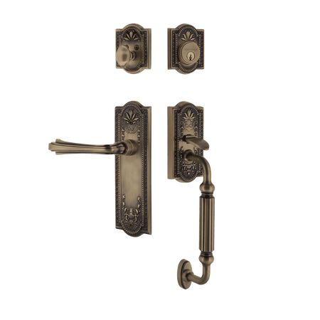 Nostalgic 768910: Entry Lockset w/Meadows Backplate, F-Grip Exterior Handle and Fleur Interior Lever - Antique Brass