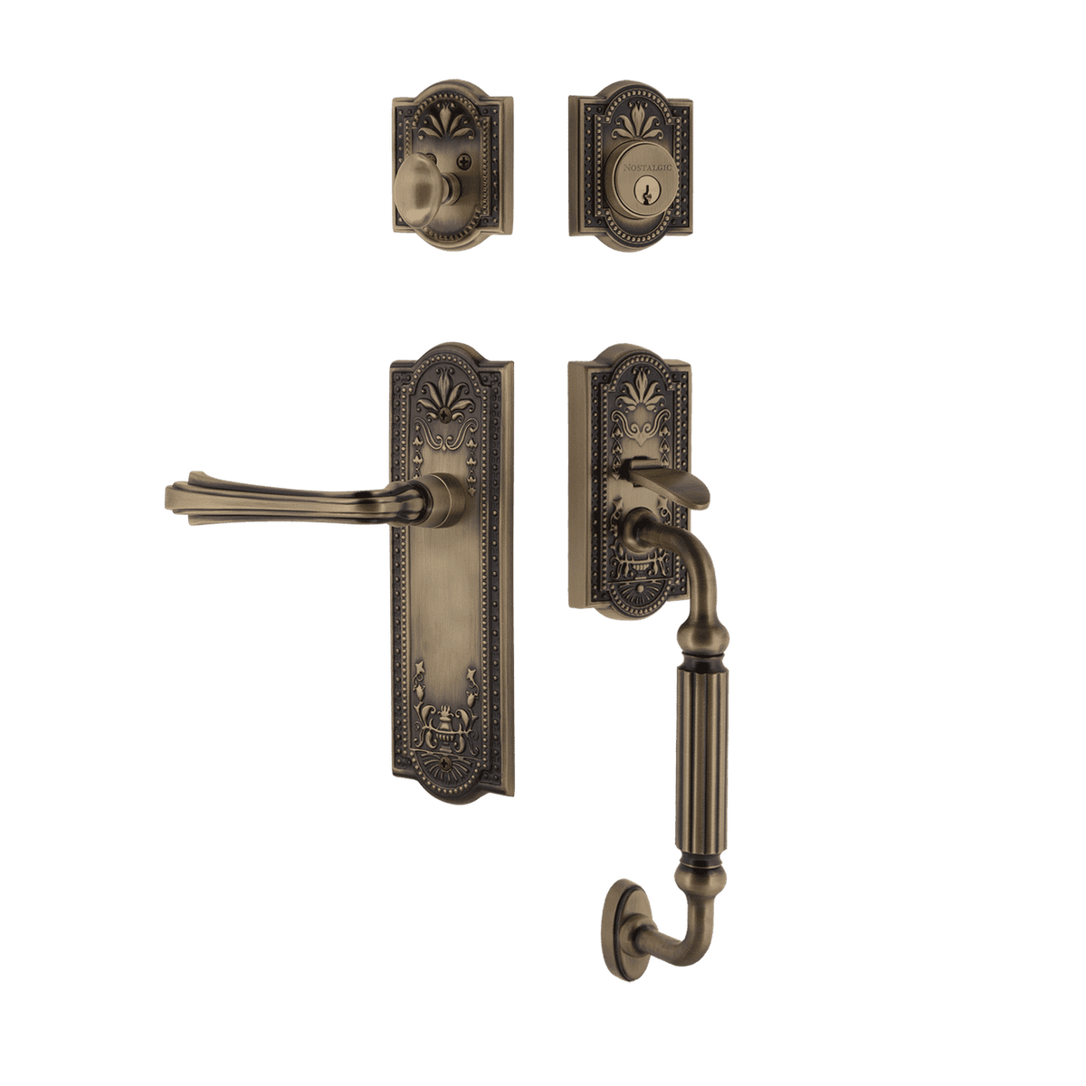 Nostalgic 770402: Entry Lockset w/Meadows Backplate, F-Grip Exterior Handle and Fleur Interior Lever - Antique Brass