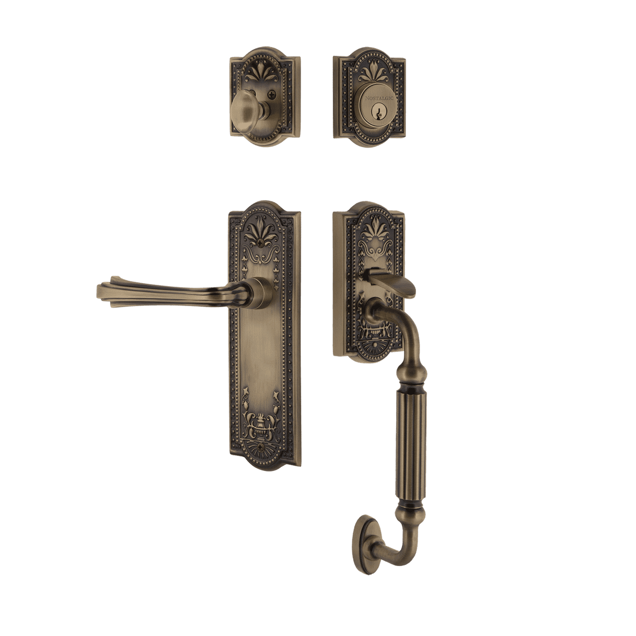 Nostalgic 770366: Entry Lockset w/Meadows Backplate, F-Grip Exterior Handle and Fleur Interior Lever - Antique Brass