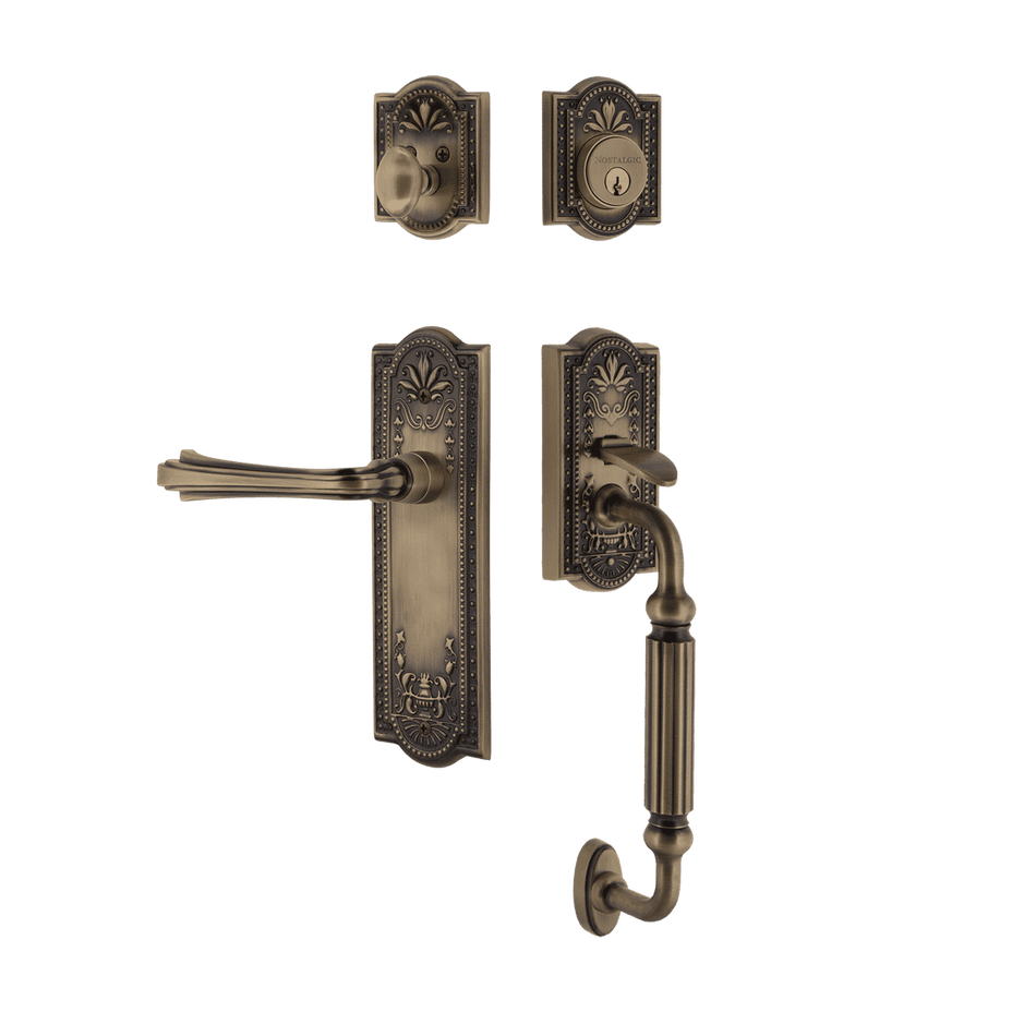 Nostalgic 770366: Entry Lockset w/Meadows Backplate, F-Grip Exterior Handle and Fleur Interior Lever - Antique Brass