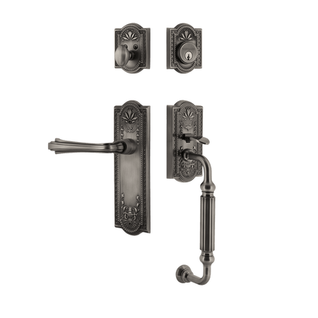 Nostalgic 768900: Entry Lockset w/Meadows Backplate, F-Grip Exterior Handle and Fleur Interior Lever - Antique Pewter