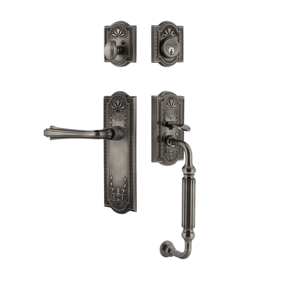 Nostalgic 770390: Entry Lockset w/Meadows Backplate, F-Grip Exterior Handle and Fleur Interior Lever - Antique Pewter